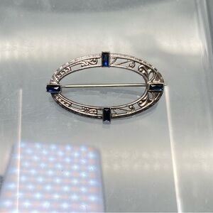 Antique TKB Sterling Silver Blue Sapphire Filigree Art Deco Oval Brooch Pin